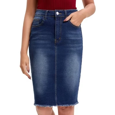Women's Raw Hem High Waisted Pockets Stretch Knee Length Jean Denim Skirt black (2)