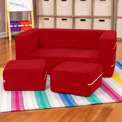 Zipline Kids Modular Loveseat & Ottomans/Fold Out Lounger cherry