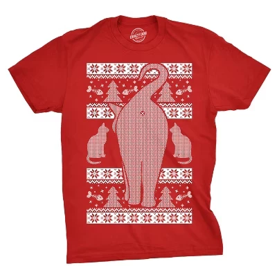 Мужская праздничная футболка Cat Butt Ugly Christmas Sweater, забавная праздничная новинка, топ -футболка Crazy Dog, подарок на Рождество, красный