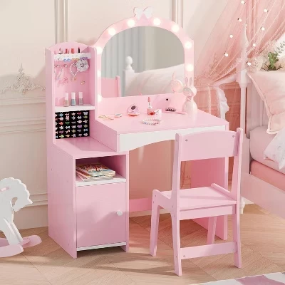 BALHAM TRADE-2 in 1 White Wooden Kids Vanity with Mirror Chair, Jewelry Storage for Little Girls pink
