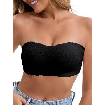 Women's Floral Lace Strapless Wireless Tube Anti-Slip Push Up Lightweight Soft Padded Bandeau Bras black