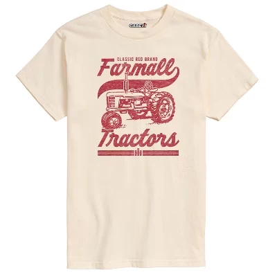 Мужская винтажная классическая красная футболка бренда Farmall Tractors с коротким рукавом и графическим принтом кремового цвета.
