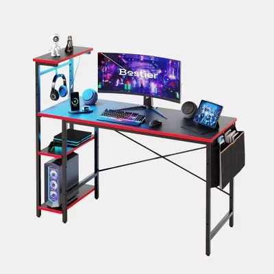 Игровой стол BESTIER 132 см с 4 полками, LED, черный карбон