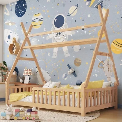 Детская кровать TUYOHW Montessori с крышей, натуральная