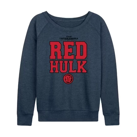 Женская футболка Captain America Red Hulk Collegiate из легкого французского махрового материала с широким вырезом и длинным рукавом с графическим рисунком heather indigo