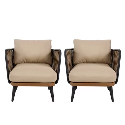 Клубное кресло Bonita Patio из железа и ротанга в деревенском стиле с подушками, бежево-бежевый
