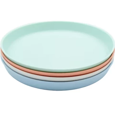 Bamboo Plates, Kid-Sized Bamboo Kids Plates, Dishwasher Safe Bamboo Plate for Kids, 4 pack without lids / pastel blue/coral/mint/off white