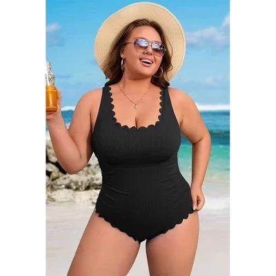 Women's Plus Size Ribbed One Piece Swimsuit Scalloped Trim Tummy Control Bathing Suit black