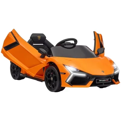 Лицензионный детский электромобиль Lamborghini Revuelto на 12 В, работающий на батарейках, с гидравлическими дверями, дистанционным управлением, тренировочными колесами оранжевого цвета