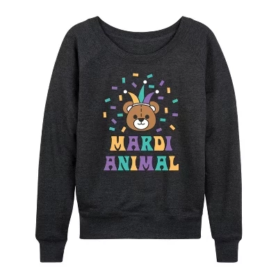 Женская легкая французская махровая рубашка Mardi Animal Bear с широким вырезом и длинным рукавом с графическим рисунком heather charcoal