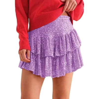 Women Sequin Skirt Cute High Waist Ruffle Flowy Shiny Glitter Mini Short Skirts Night Out Club Party purple