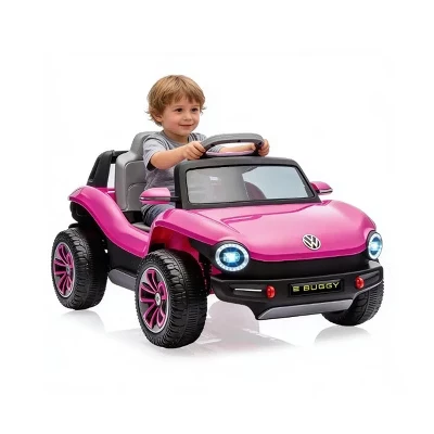 Лицензионный детский электромобиль Volkswagen Beetle 12V, четырехколесный аттракцион на игрушке с пружинной подвеской, светодиодной подсветкой и музыкальным плеером розового цвета