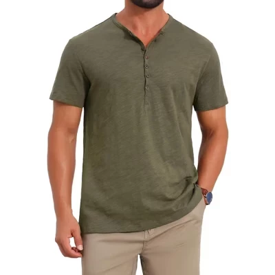 Мужская уличная футболка с коротким рукавом и текстурой Henley Shirt в стиле ретро на пуговицах