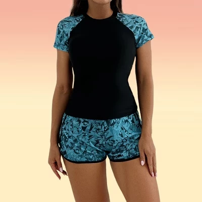 Женские комплекты купальников Rashguard, 2 предмета, ботанические купальники с полным покрытием, топы для плавания с рукавами реглан и сеткой Bpyshorts геометрической формы