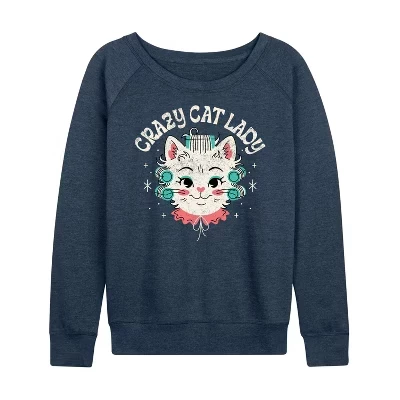 Женская рубашка Crazy Cat Lady из легкой французской махровой ткани с широким вырезом и длинным рукавом с графическим рисунком heather indigo