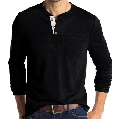 Мужская рубашка Henley с длинным рукавом и планкой на пуговицах, хлопковая футболка с круглым вырезом, черная