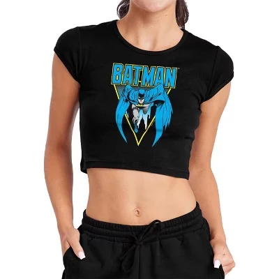 Women's  Leaping Over Gotham Cap Sleeve Baby Rib Crop Top black