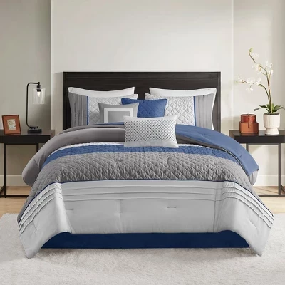 Элегантный комплект постельного белья Color Block Stipe Design из 7 предметов, всесезонный комплект постельного белья из микрофибры для домашнего текстиля, подходит для спальни класса Люкс, синяя юбка для кровати в тон