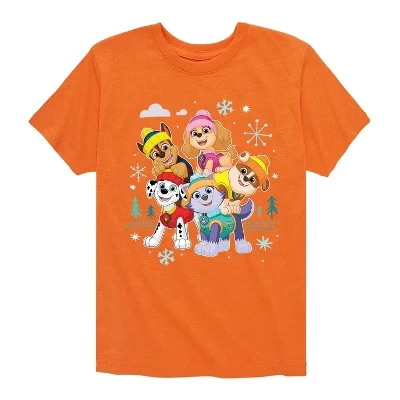 Футболка с коротким рукавом для мальчиков - Paw Patrol - Skye Everest Rubble Chase Marshall Winter Group оранжевого цвета с рисунком