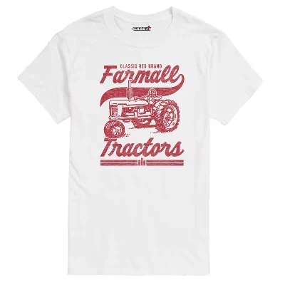 Мужская винтажная классическая красная футболка бренда Farmall Tractors с коротким рукавом и графическим рисунком белого цвета.