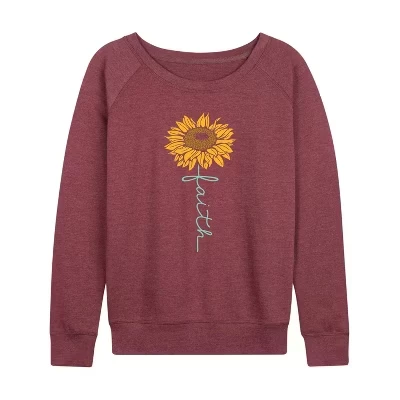 Женская рубашка Faith Sunflower Stem из легкого французского махрового полотна с широким вырезом и длинным рукавом с графическим рисунком цвета вереска темно-бордового цвета.