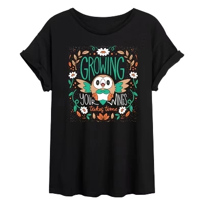 Женская футболка с рисунком Pokémon - Rowlet, отращивающая крылья, оверсайз, черная