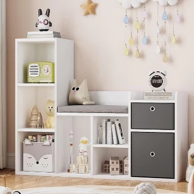 Kids Bookshelf, Dollhouse Bookcase, Reading Nook with Seat, 6-Cubby Kids Cabinet Storage Organizer with Drawers for Playroom Bedroom white