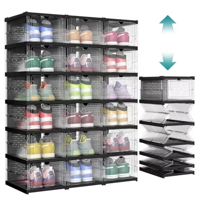Shoe Boxes,Stackable Shoe Storage Organizer, Set of 2 Integraed Shoe Cabinets, Foldable and Portable black
