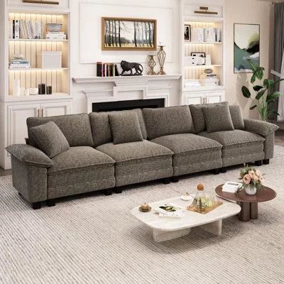 157,5-дюймовый модульный секционный диван Cloud Comfy из 4шт, диван для гостиной с глубоким сиденьем, вельвет и синель из ткани ясень