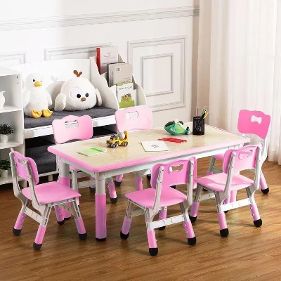 Kids Table and Chair Set,Height Adjustable Toddler Arts&Crafts Table and 6 Chair Set for 2-10,Max 300lbs Kids Activity Art Table for Classroom,Home pink