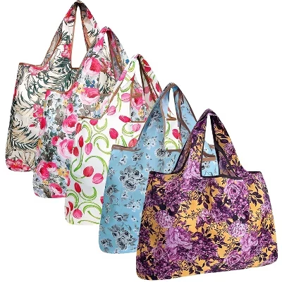 Большие складные нейлоновые многоразовые продуктовые сумки Tote, 5 разноцветных упаковок