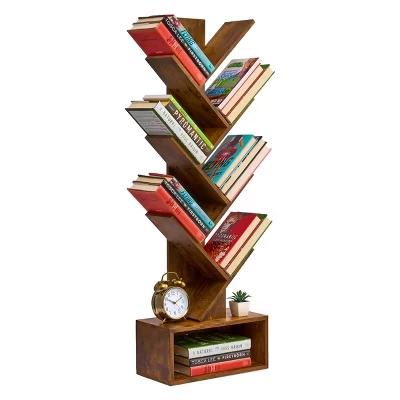 7-ярусный книжный шкаф в виде зигзага из дерева с открытым ящиком для книг, декора и аксессуаров - Компактный органайзер для гостиной, спальни, офиса коричневого цвета