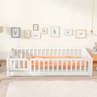 Bellemave Twin Floor Bed with Fence & Door, Low Profile Montessori Kids Bed Frame, Solid Rubber Wood, Safety Guardrails, Easy Assembly white