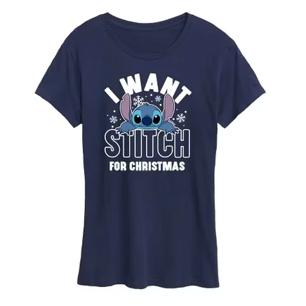 Женская футболка I Want A Stitch For Christmas с коротким рукавом и рисунком, синяя