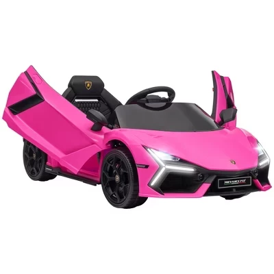 Лицензионный детский электромобиль Lamborghini Revuelto на 12 В, работающий на батарейках, с гидравлическими дверями, дистанционным управлением, тренировочными колесами розового цвета