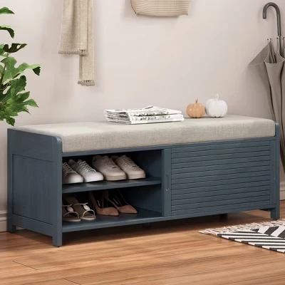 Shutter Storage Ottoman with Cushion, Entryway Shoe Bench for Living Room and Hallway Organization blue