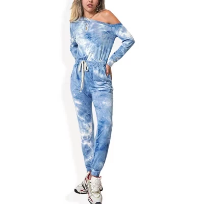 Женский комбинезон с открытыми плечами и длинными рукавами Tie Dye, завязками на талии и брюками для бега трусцой синего цвета