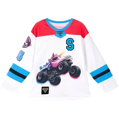 Футболка из сетчатого хоккейного трикотажа Grave Digger Sparkle Smash с длинным рукавом от маленького ребенка до большого ребенка белого цвета