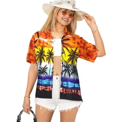 Гавайские рубашки женские s Funky Vacation Button Up Повседневная летняя пляжная блузка для вечеринок, топы, рубашки с коротким рукавом, маскировка для женщин