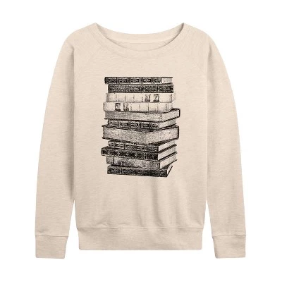 Women's -  - Stacked Books Lightweight French Terry Wide Neck Long Sleeve Graphic Shirt birch