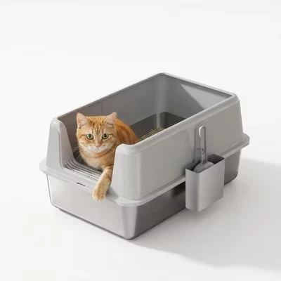 Ящик для кошачьего туалета из нержавеющей стали размером 23,6x15,7x12,4 дюйма, высота стенки 5,9 дюйма, Очень большой, Не пропускает воду, с антипригарным покрытием, легко моется, Включает совок для мусора серого цвета