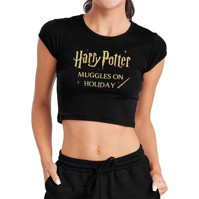 Women's  Muggles On Holiday Wand Cap Sleeve Baby Rib Crop Top black