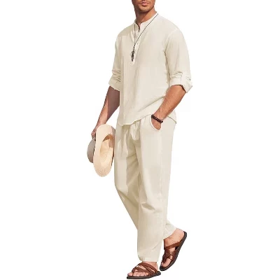 Men's 2 Pieces Cotton Linen Set Long Sleeve Henley Shirts Casual Beach Pants With Pockets Summer Yoga Outfits beige