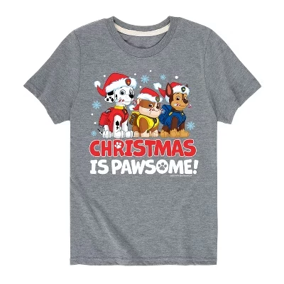 Мужская футболка с коротким рукавом Paw Patrol - Christmas Is Pawsome Chase Rubble Marshall с графическим рисунком серого цвета