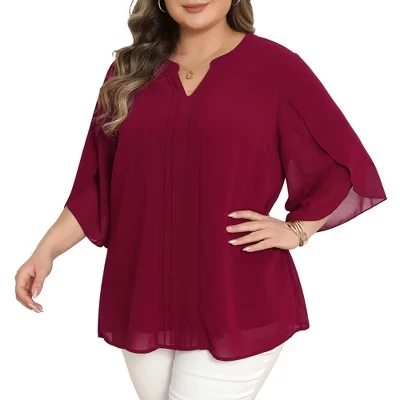 Women's Plus Size Chiffon Pleated Front Notch V Neck 3/4 Tulip Sleeve Dressy Casual Summer Blouses - burgundy
