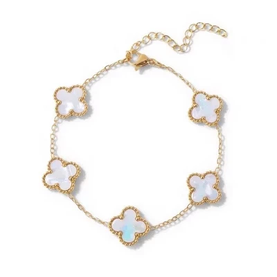 14K Gold Clover Bracelets for Women - Flower Four Leaf Clover Bracelet - Mother of Pearl & Onyx Gemstone Lucky Flower Design - Adjustable white
