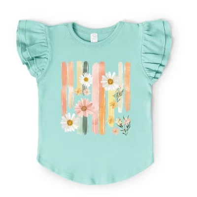 Daisies Stripes Faux Paint - Flutter Sleeve Graphic T-Shirt seafoam