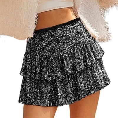 Women Sequin Skirt Cute High Waist Ruffle Flowy Shiny Glitter Mini Short Skirts Night Out Club Party black