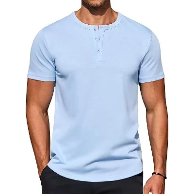 Мужские повседневные футболки Henley, летние хлопчатобумажные рубашки с коротким рукавом, базовые футболки на пуговицах