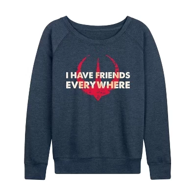 Women's -  - Friends Everywhere Lightweight French Terry Wide Neck Long Sleeve Graphic Shirt heather indigo